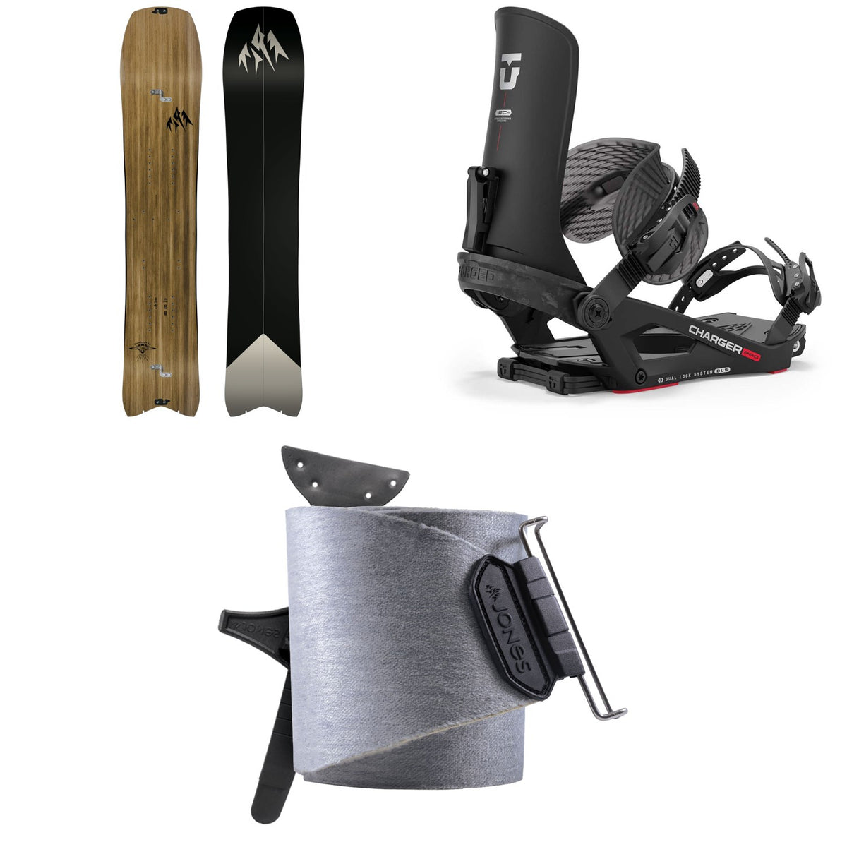 Jones Hovercraft 2.0 Splitboard + Union Charger Pro Splitboard Bindings + Nomad Universal Tail Clip Splitboard Skins 2025