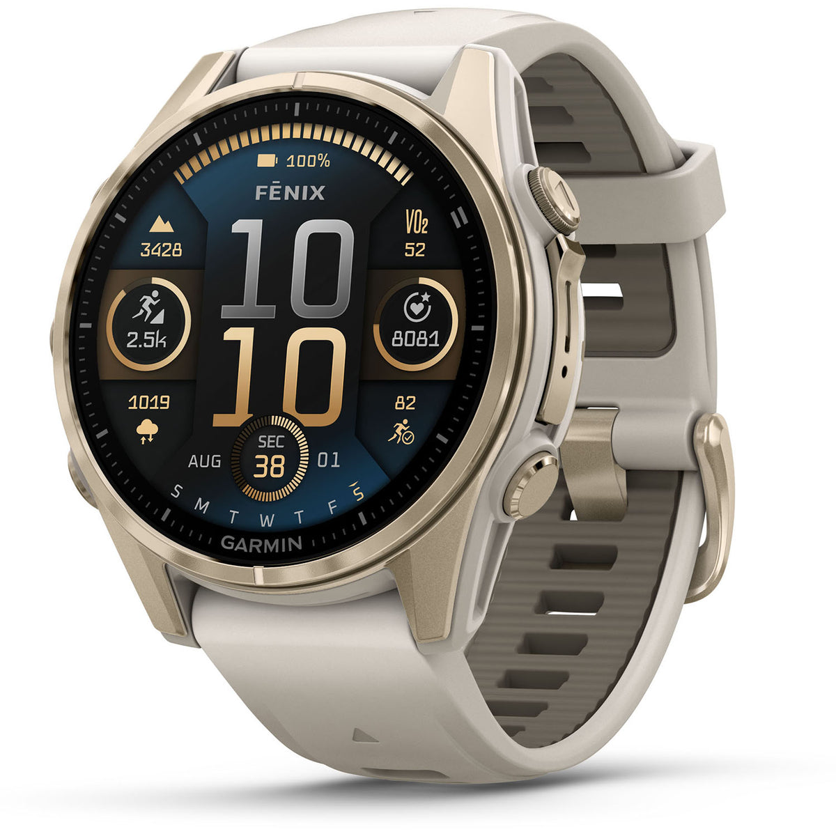 Garmin fenix 8 - Sapphire AMOLED Smartwatch Soft Gold w/Fog Gray/Dark Sandstone Silicone Band