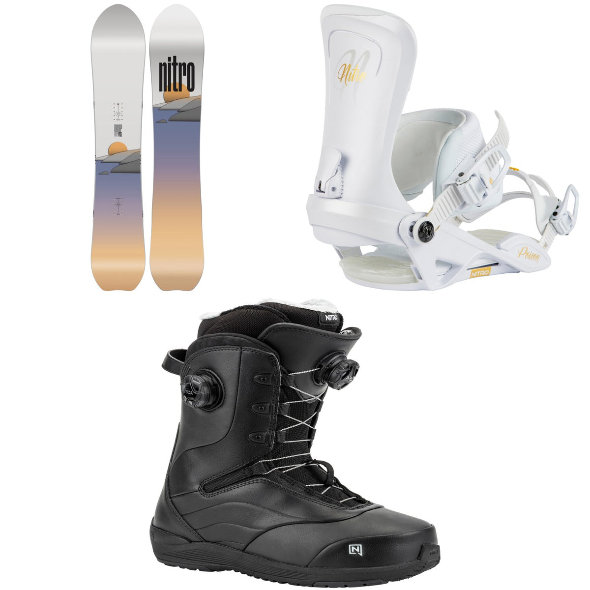 Nitro Drop Snowboard + Poison Snowboard Bindings + Crown Boa Snowboard Boots - Women's 2025