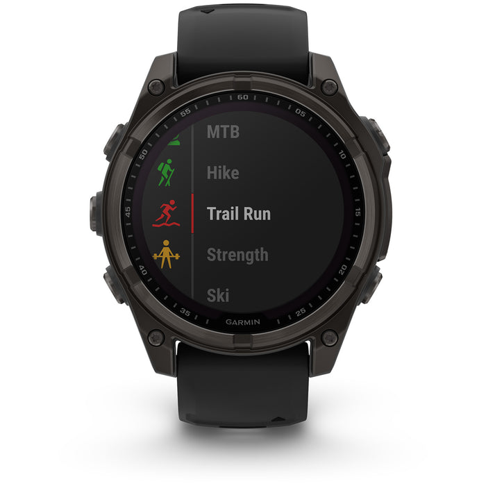 Garmin fenix 8 - Sapphire Solar Smartwatch Carbon Gray DLC Titanium w/Black/Pebble Gray Silicone Band