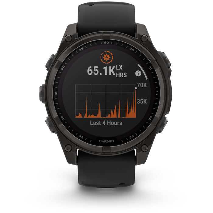 Garmin fenix 8 - Sapphire Solar Smartwatch Carbon Gray DLC Titanium w/Black/Pebble Gray Silicone Band