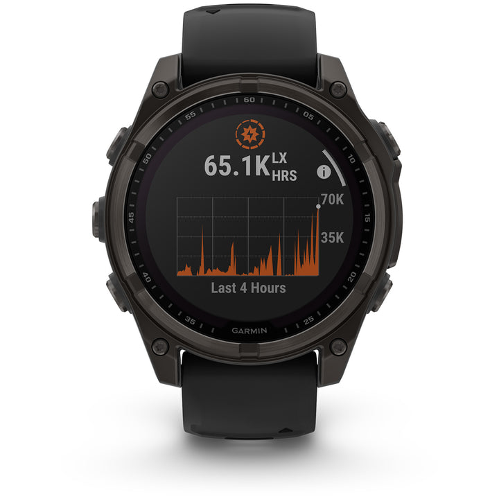 Garmin fenix 8 - Sapphire Solar Smartwatch Carbon Gray DLC Titanium w/Black/Pebble Gray Silicone Band