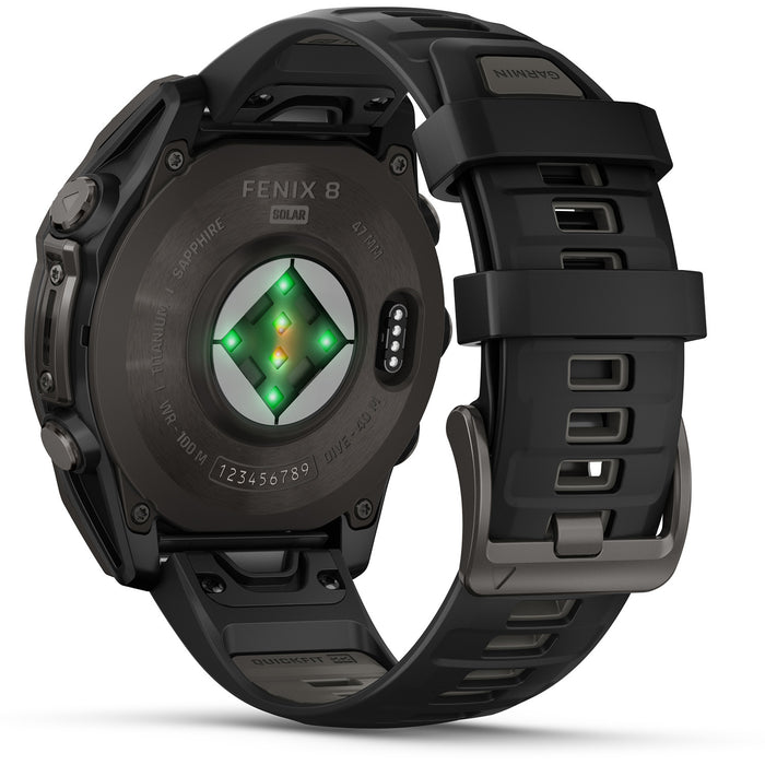 Garmin fenix 8 - Sapphire Solar Smartwatch Carbon Gray DLC Titanium w/Black/Pebble Gray Silicone Band