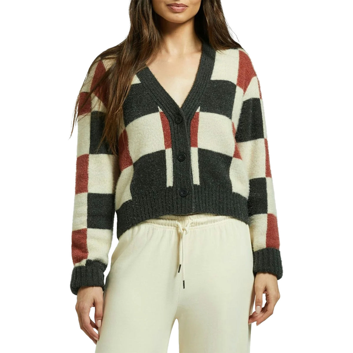 Brixton Rivington Crew Cardigan - Women's Cowhide/Whitecap/Black Check