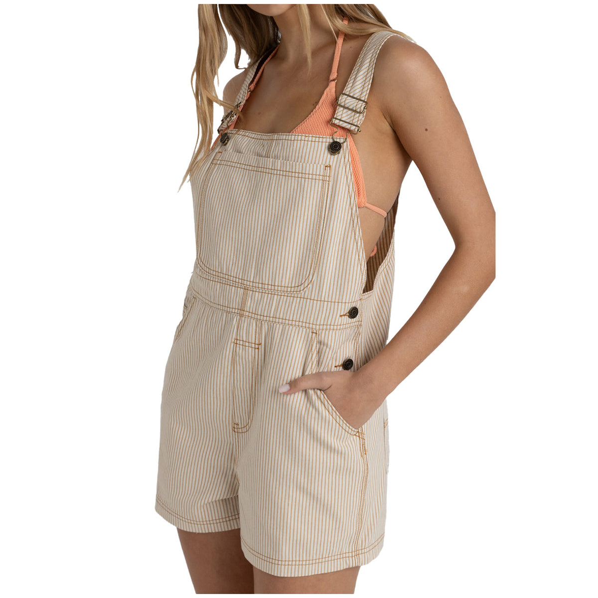 Rhythm Willa Stripe Short Overalls - Women's Sand