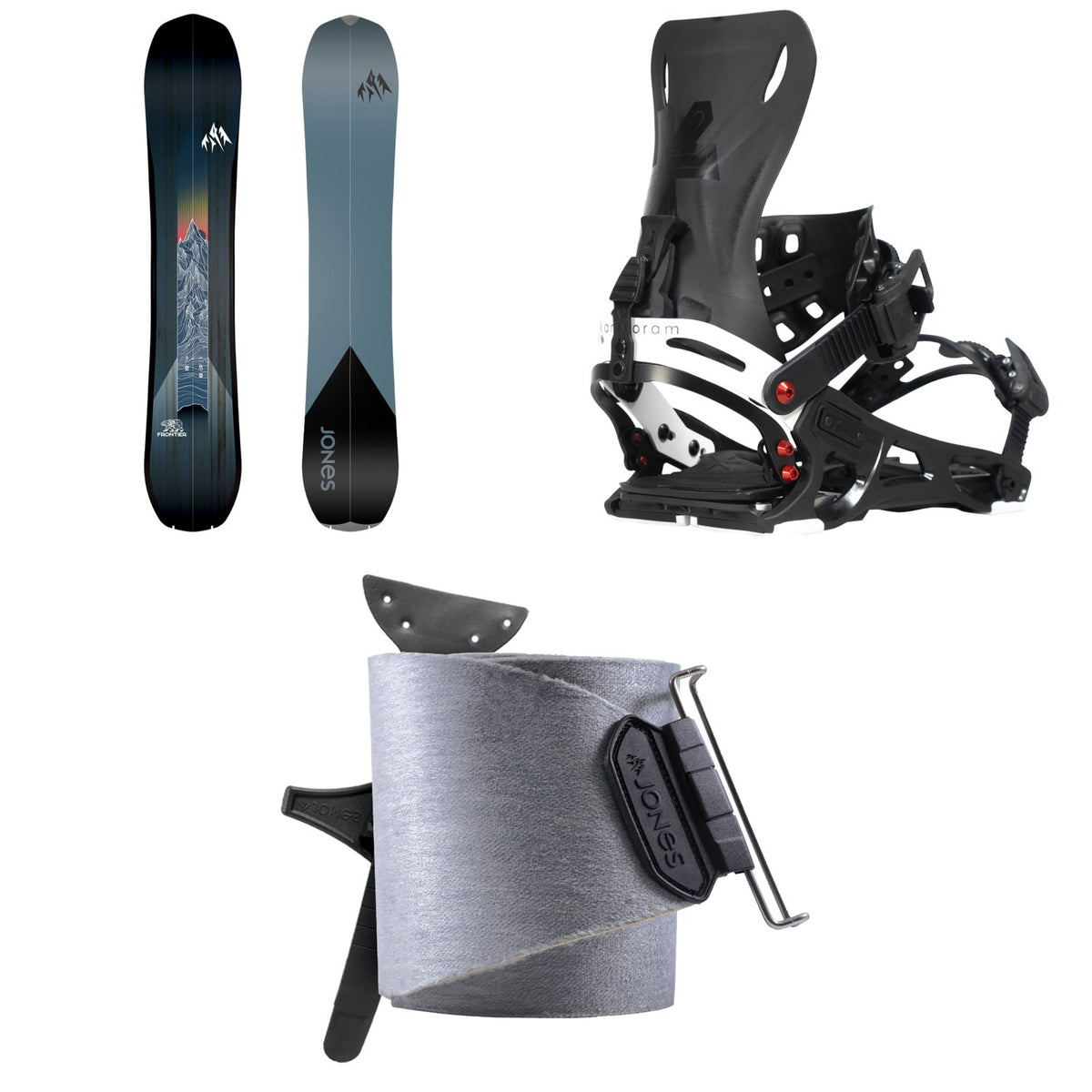 Jones Frontier Splitboard + Karakoram Ultra Ranger + Split Interface Splitboard Bindings + Nomad Universal Tail Clip Splitboard Skins 2025