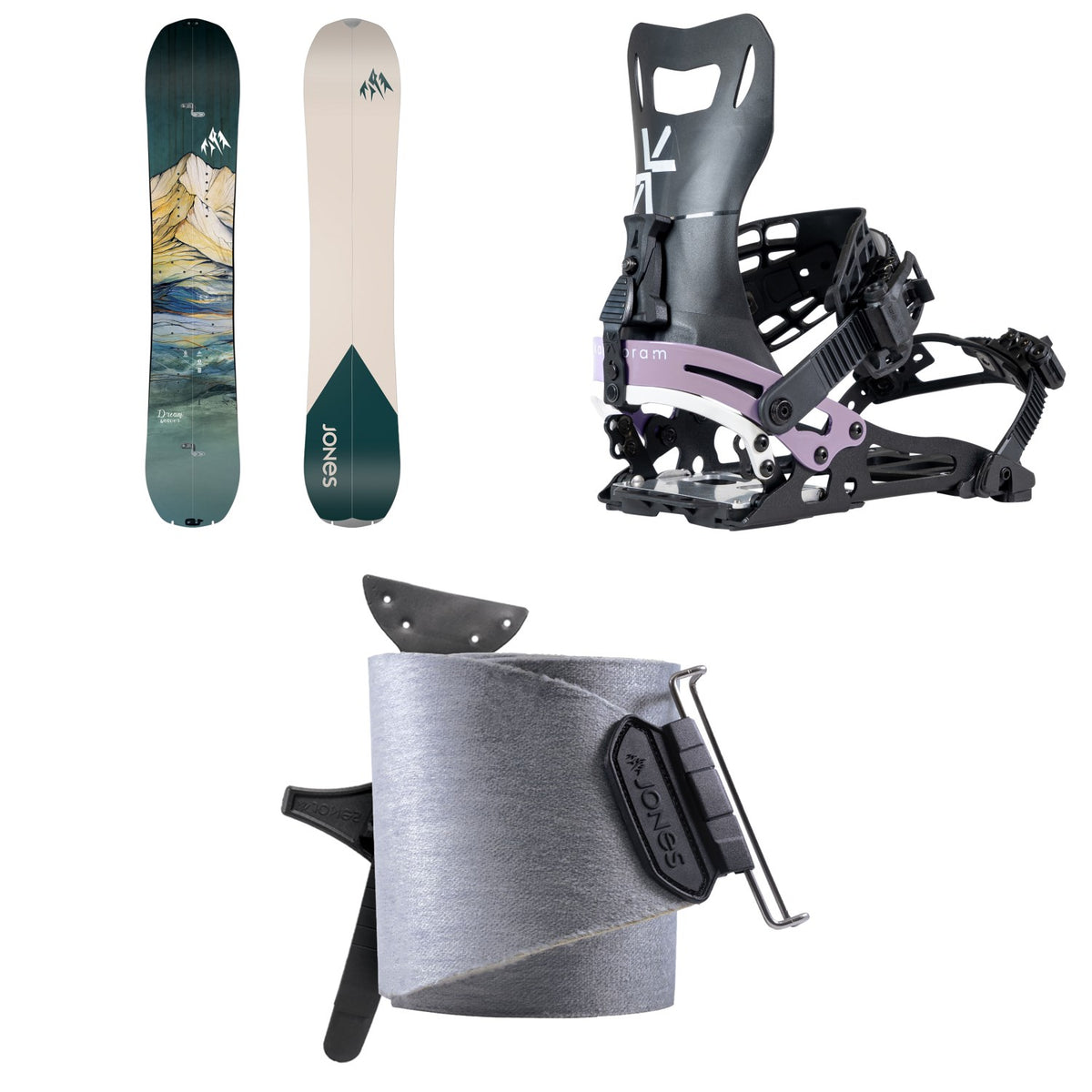 Jones Dream Weaver Splitboard + Karakoram Nomad-W + Split Interface Splitboard Bindings + Nomad Universal Tail Clip Splitboard Skins - Women's 2025