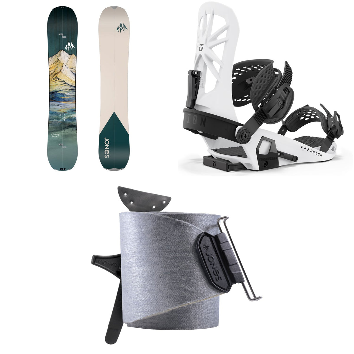 Jones Dream Weaver Splitboard + Union Explorer Splitboard Bindings  + Nomad Universal Tail Clip Splitboard Skins - Women's 2025