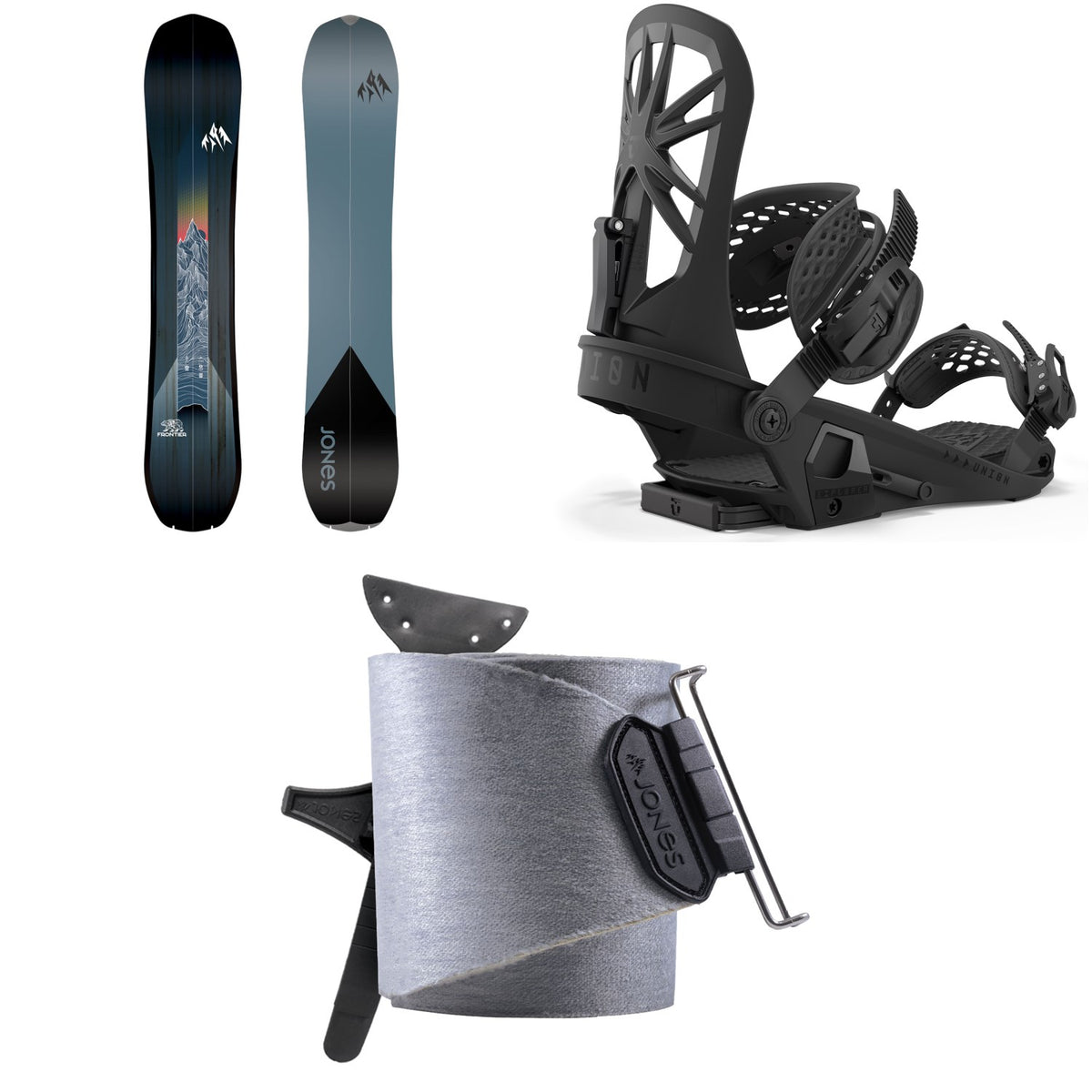 Jones Frontier Splitboard + Union Explorer Splitboard Bindings  + Nomad Universal Tail Clip Splitboard Skins 2025