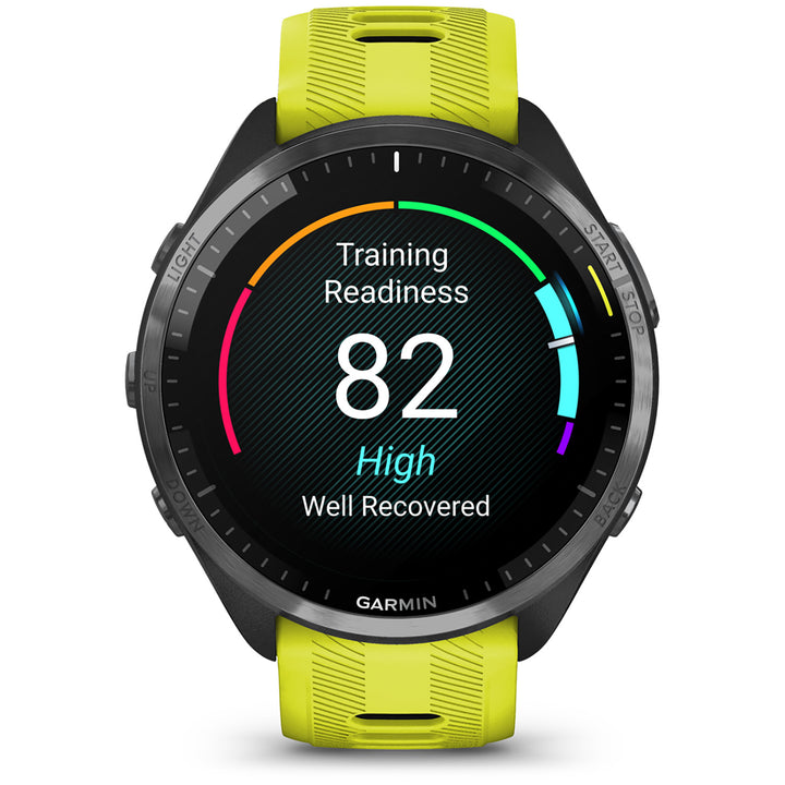 Garmin Forerunner 965 Smartwatch Carbon Gray DLC Titanium/Black with Amp Yellow/Black Silicone Band