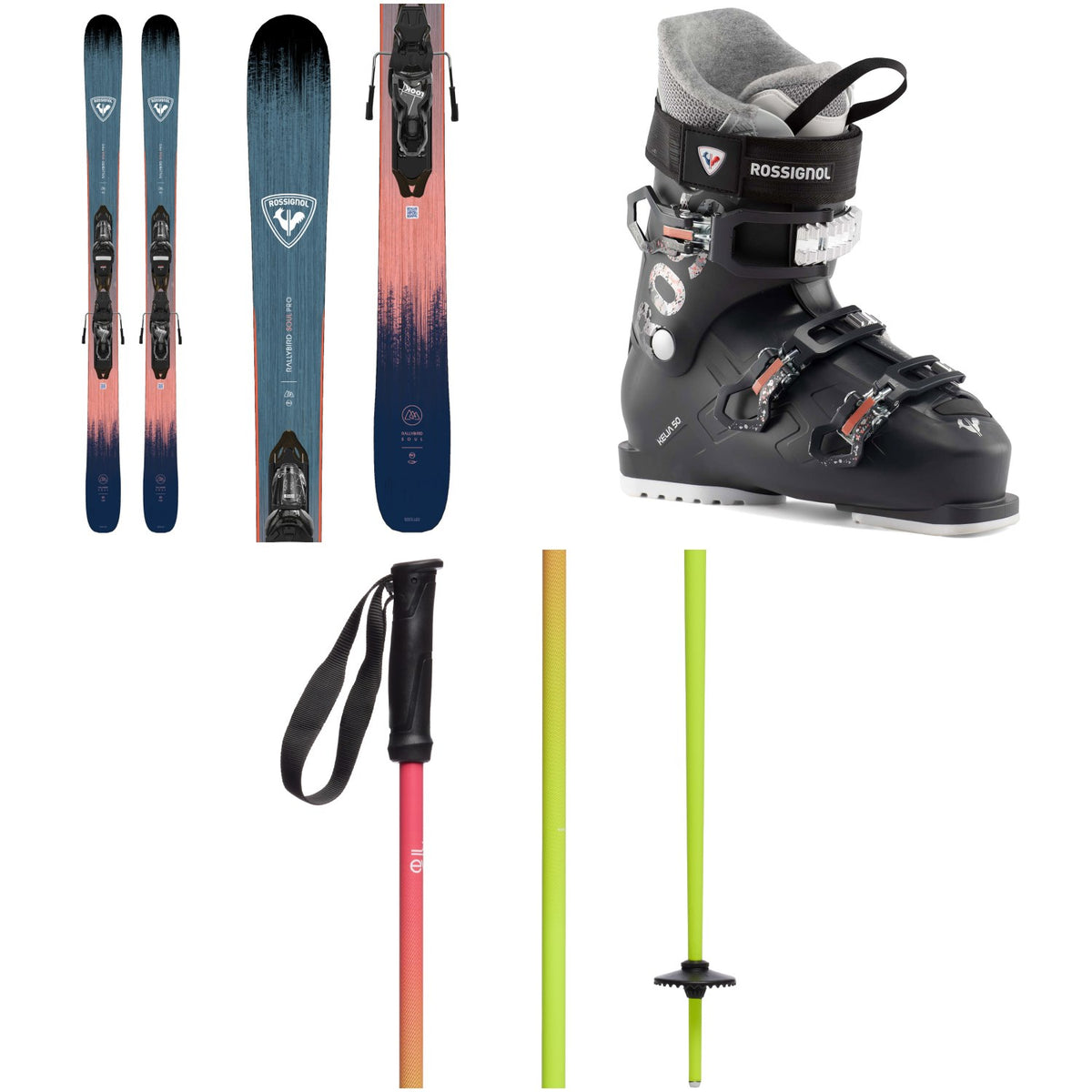 Rossignol Rallybird Soul Pro Skis + XP 10 Bindings + Rossignol Kelia 50 Ski Boots - Women's + evo Merge Ski Poles 2025