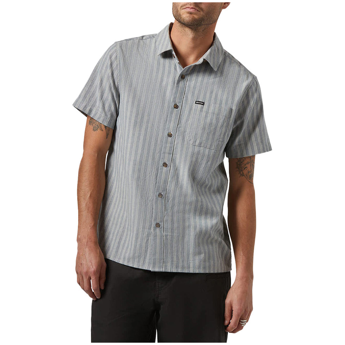 Brixton Cru Oxford Stripe Short-Sleeve Shirt - Men's Basalt Blue/Whitcap Stripe
