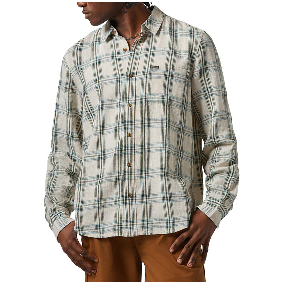 Brixton Charter Linen Blend Long-Sleeve Shirt - Men's Off White/Ivy Green Plaid