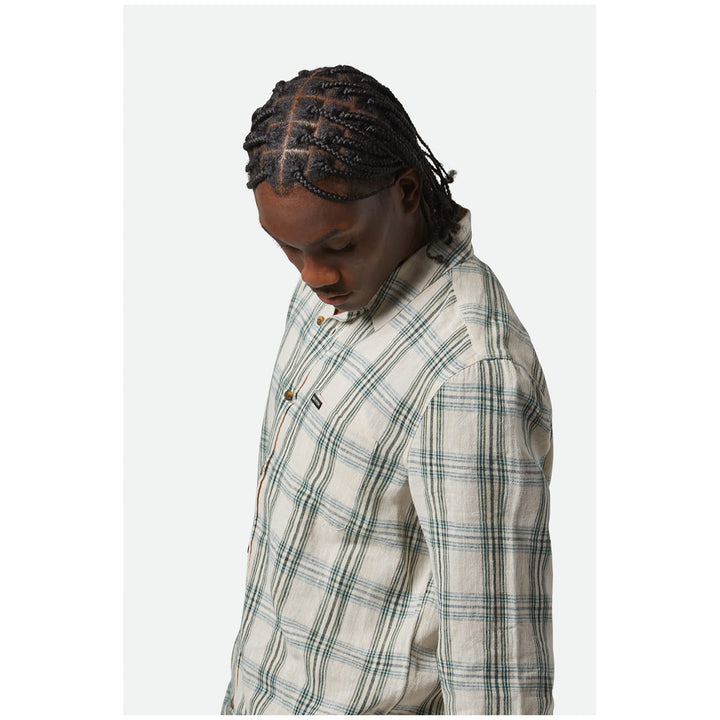 Brixton Charter Linen Blend Long-Sleeve Shirt - Men's Off White/Ivy Green Plaid