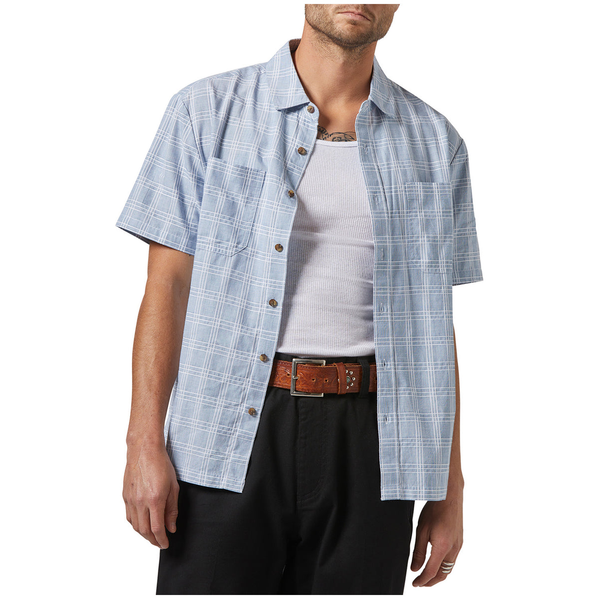 Brixton Cru Oxford Plaid Short-Sleeve Shirt - Men's Light Blue/White Plaid