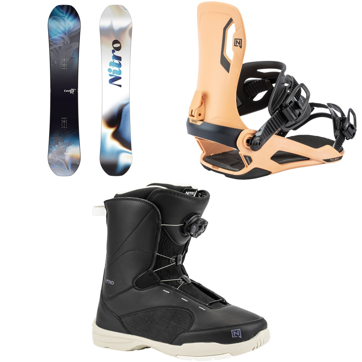 Nitro Lectra Leaf Cam-Out Snowboard + Talent Snowboard Bindings + Flora Boa Snowboard Boots - Women's 2026