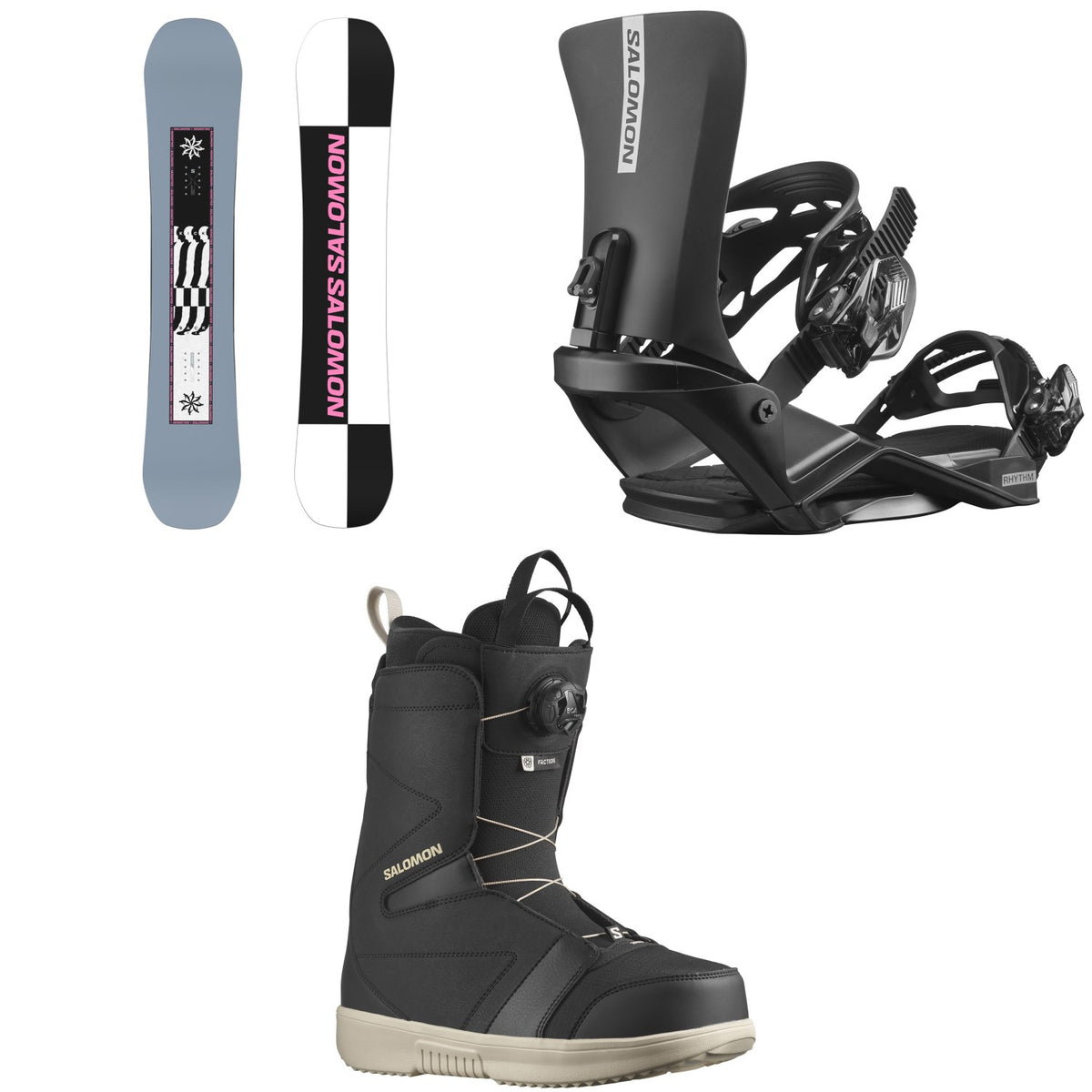 Salomon Kickback Snowboard + Rhythm Snowboard Bindings + Faction Boa Snowboard Boots 2026