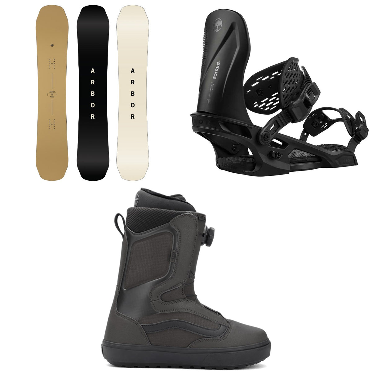 Arbor Element Decon Snowboard + Spruce Snowboard Bindings + Vans Aura OG Snowboard Boots 2026