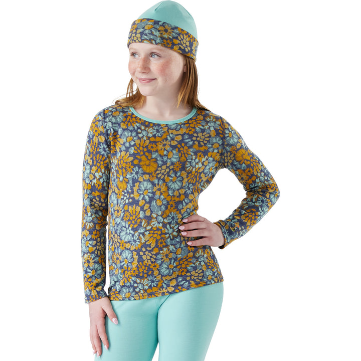 Smartwool Classic Thermal Merino Base Layer Crew Top - Kids' Pacific Blue Floral