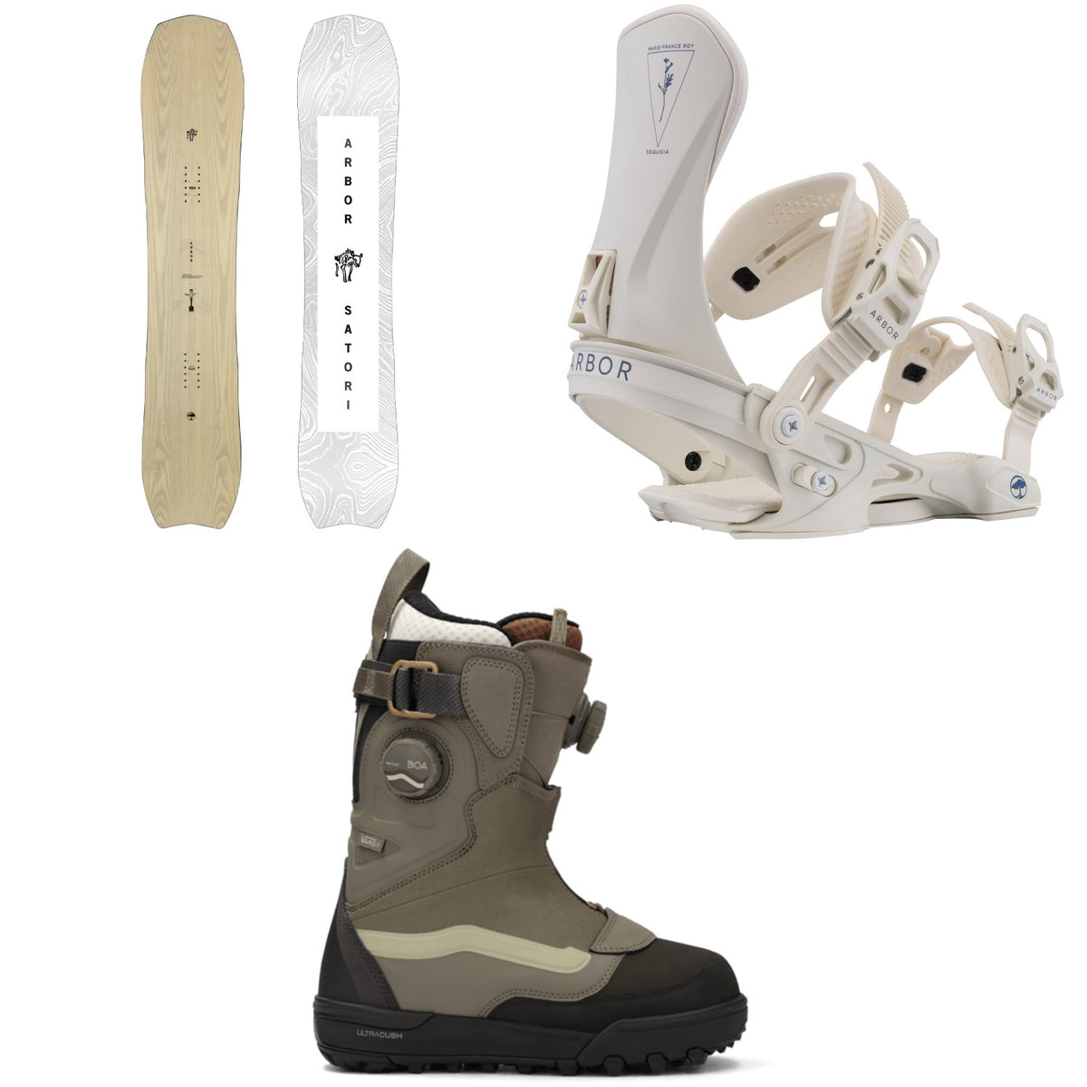 Arbor Satori Snowboard + Sequoia Snowboard Bindings + Vans Viaje Range Edition Snowboard Boots - Women's 2026