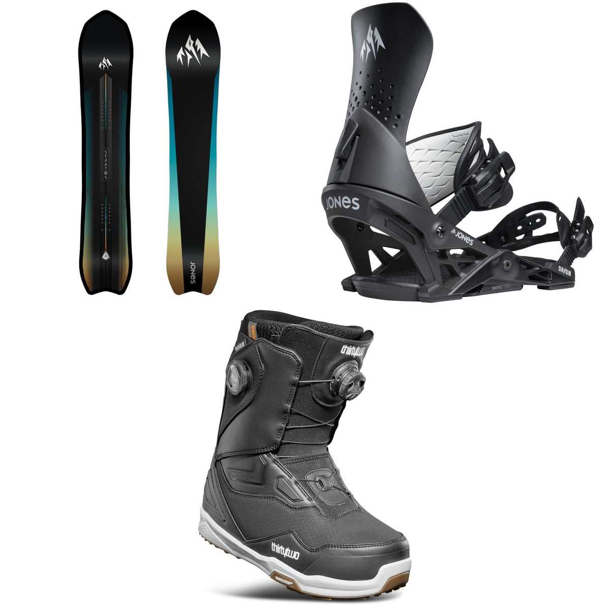 Jones Stratos Snowboard + Orion Snowboard Bindings + thirtytwo TM-2 Double Boa Snowboard Boots 2026