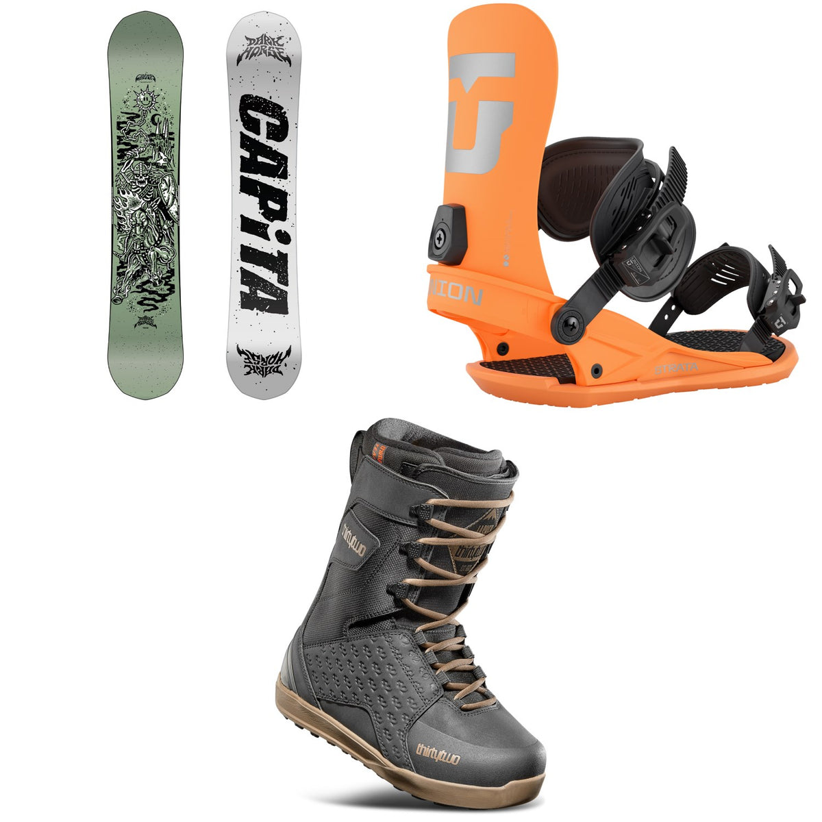 CAPiTA Dark Horse Snowboard + Union Strata Snowboard Bindings + thirtytwo Lashed Snowboard Boots 2026