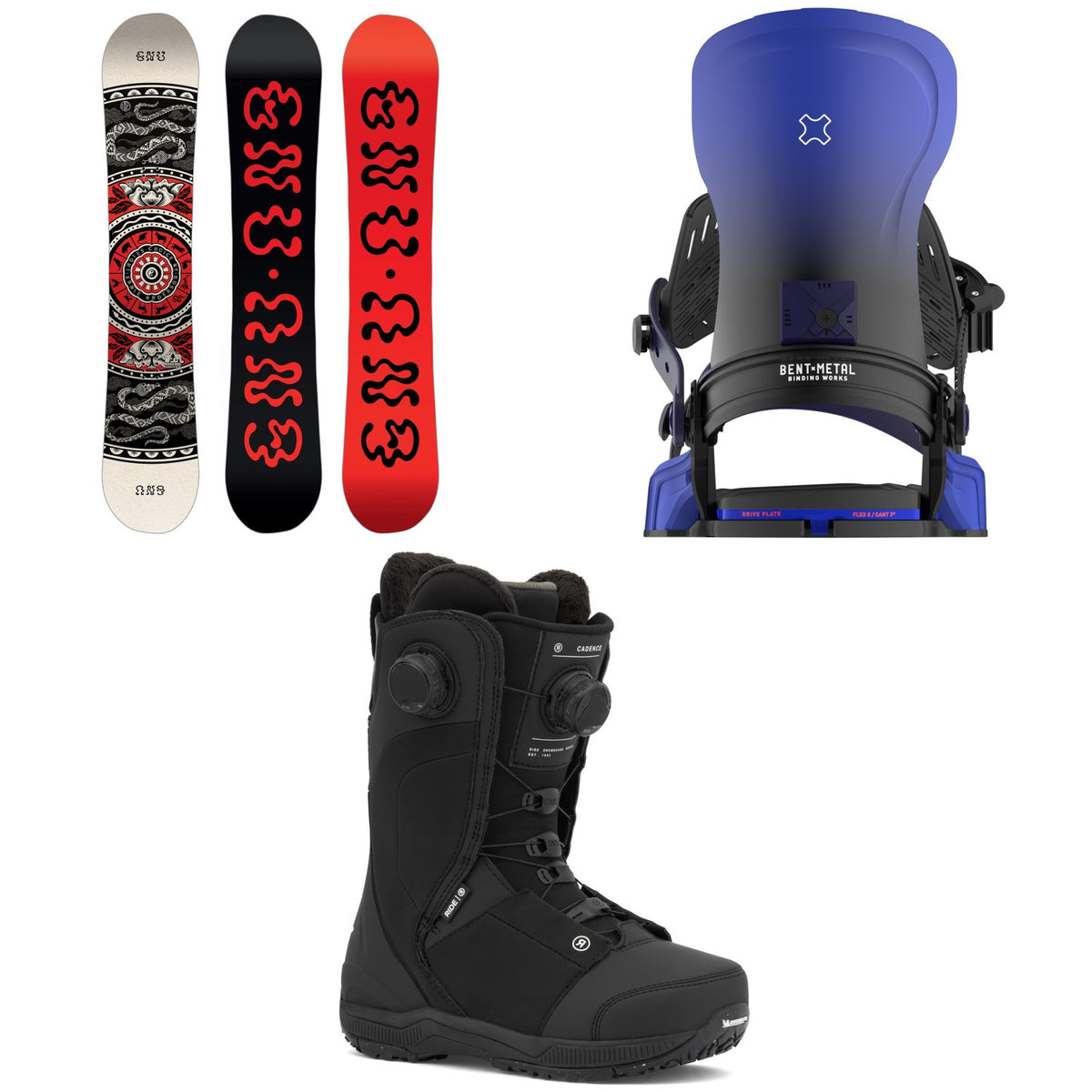 GNU Ladies Choice Asym C2X Snowboard + Bent Metal Forte Snowboard Bindings + Ride Cadence Snowboard Boots - Women's 2026
