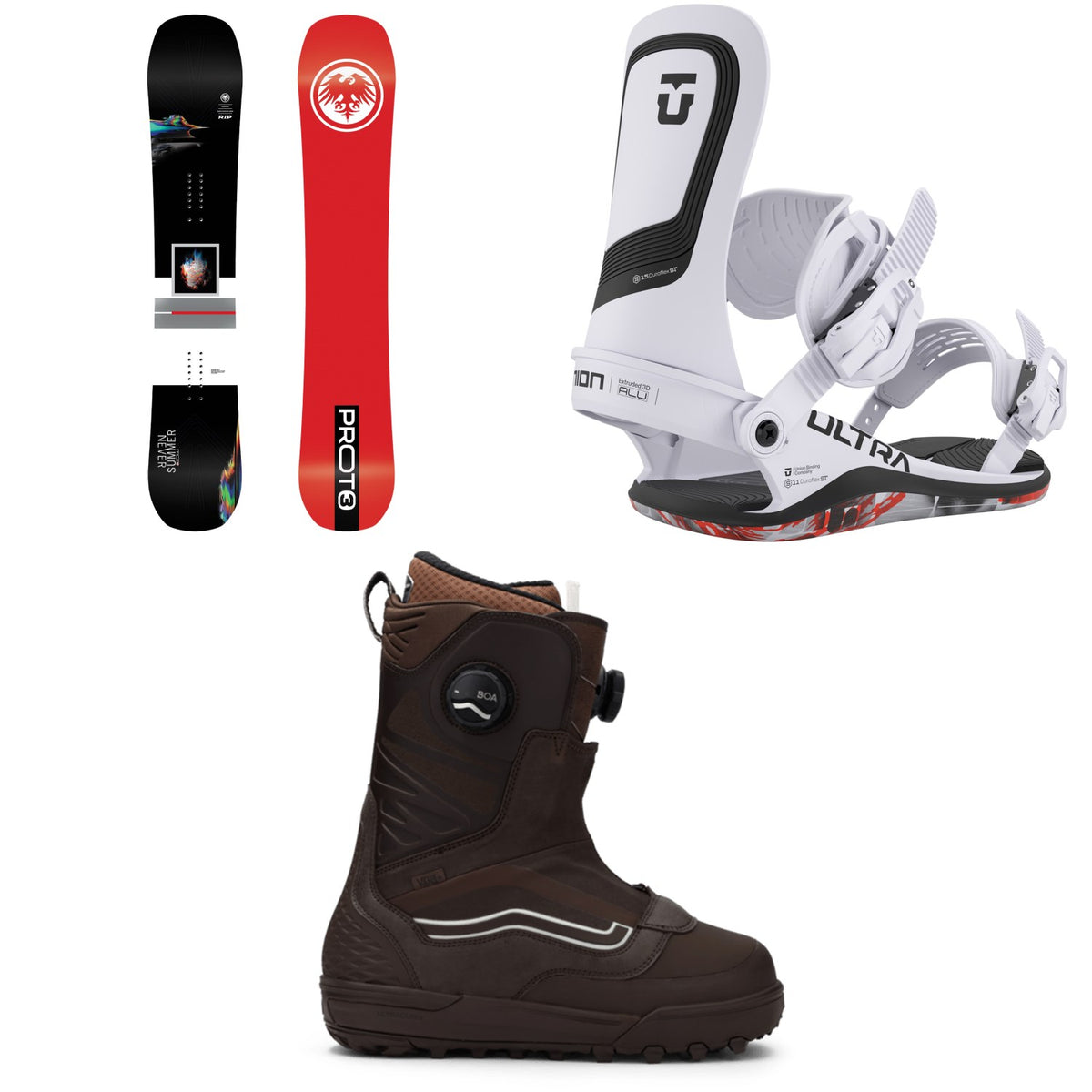 Never Summer Proto Type 3 Snowboard + Union Ultra Snowboard Bindings + Vans Verse Snowboard Boots 2026