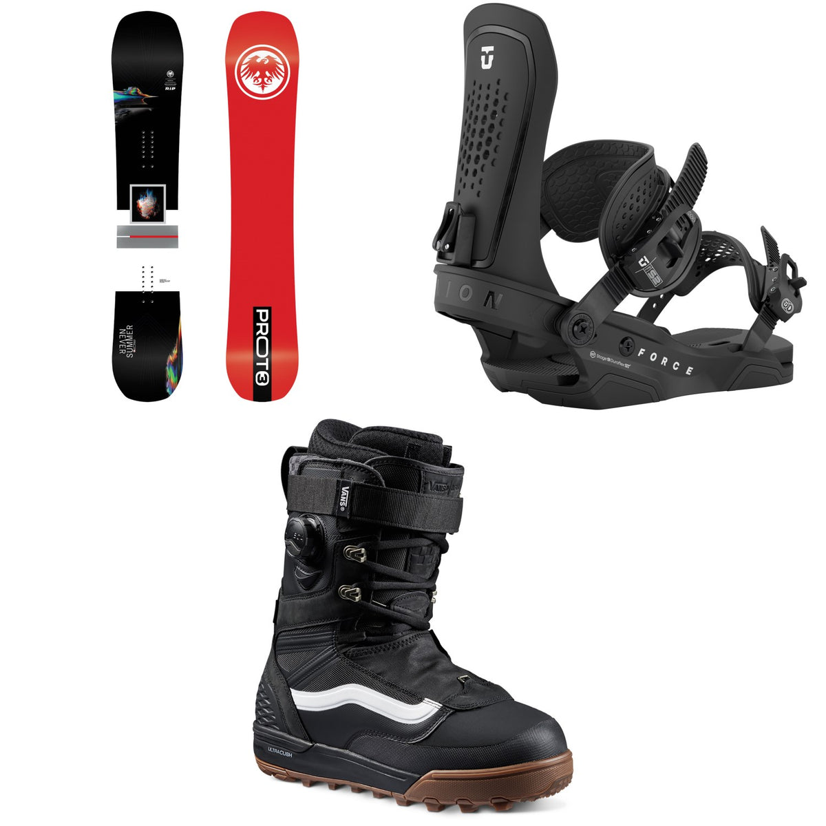 Never Summer Proto Type 3 Snowboard + Union Force Snowboard Bindings + Vans Infuse Snowboard Boots 2026