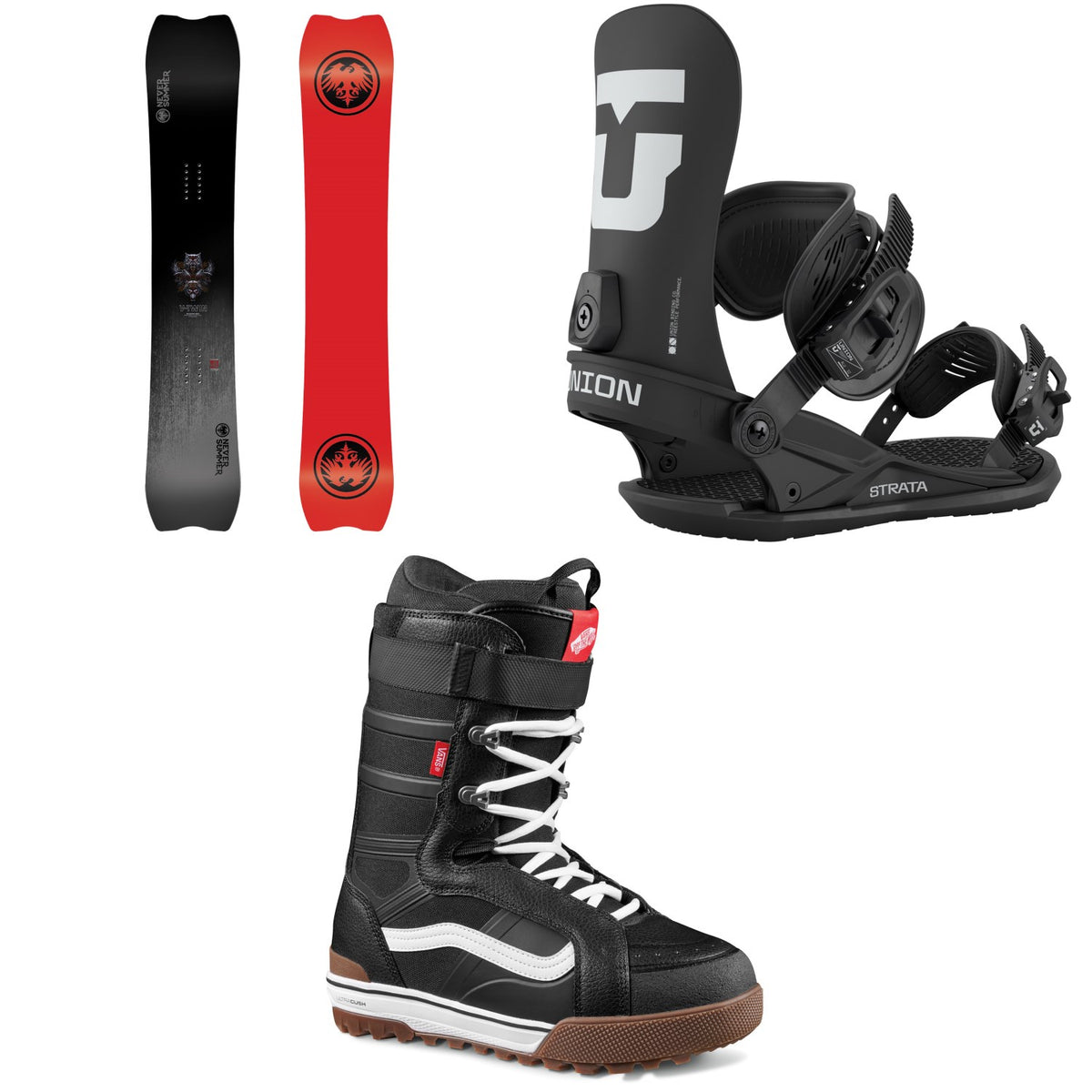 Never Summer V-Twin Snowboard + Union Strata Snowboard Bindings + Vans Hi-Standard Pro Snowboard Boots 2026