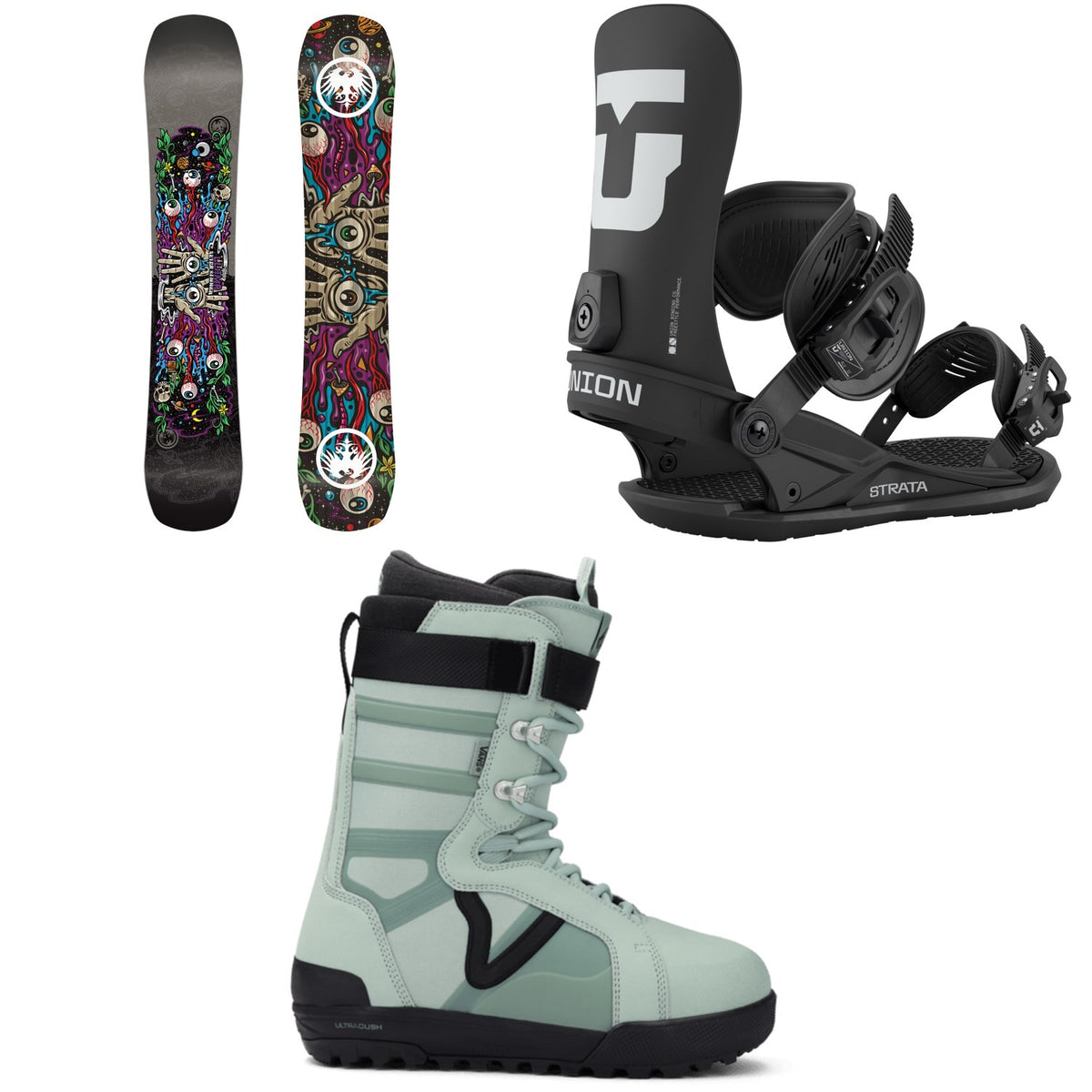 Never Summer Llama Snowboard + Union Strata Snowboard Bindings + Vans Hi-Standard Pro Snowboard Boots 2026