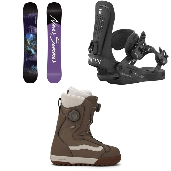 Never Summer Proto T3 FR Snowboard + Union Trilogy Snowboard Bindings + Vans Encore Pro Snowboard Boots - Women's 2026