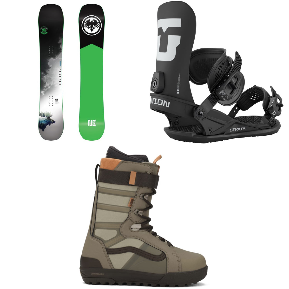 Never Summer Trooper Snowboard + Union Strata Snowboard Bindings + Vans Hi-Standard Pro Snowboard Boots 2026