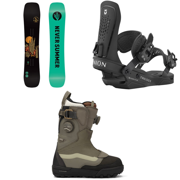 Never Summer Cirrus Snowboard + Union Trilogy Snowboard Bindings + Vans Viaje Range Edition Snowboard Boots - Women's 2026