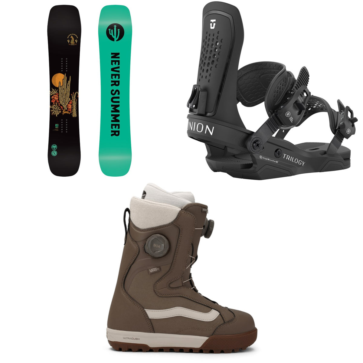 Never Summer Cirrus Snowboard + Union Trilogy Snowboard Bindings + Vans Encore Pro Snowboard Boots - Women's 2026