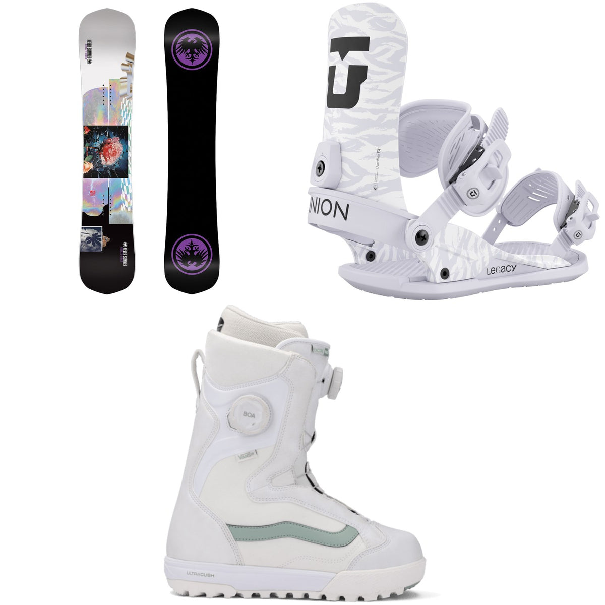 Never Summer Breezy Rider Snowboard + Union Legacy Snowboard Bindings + Vans Encore Pro Snowboard Boots - Women's 2026