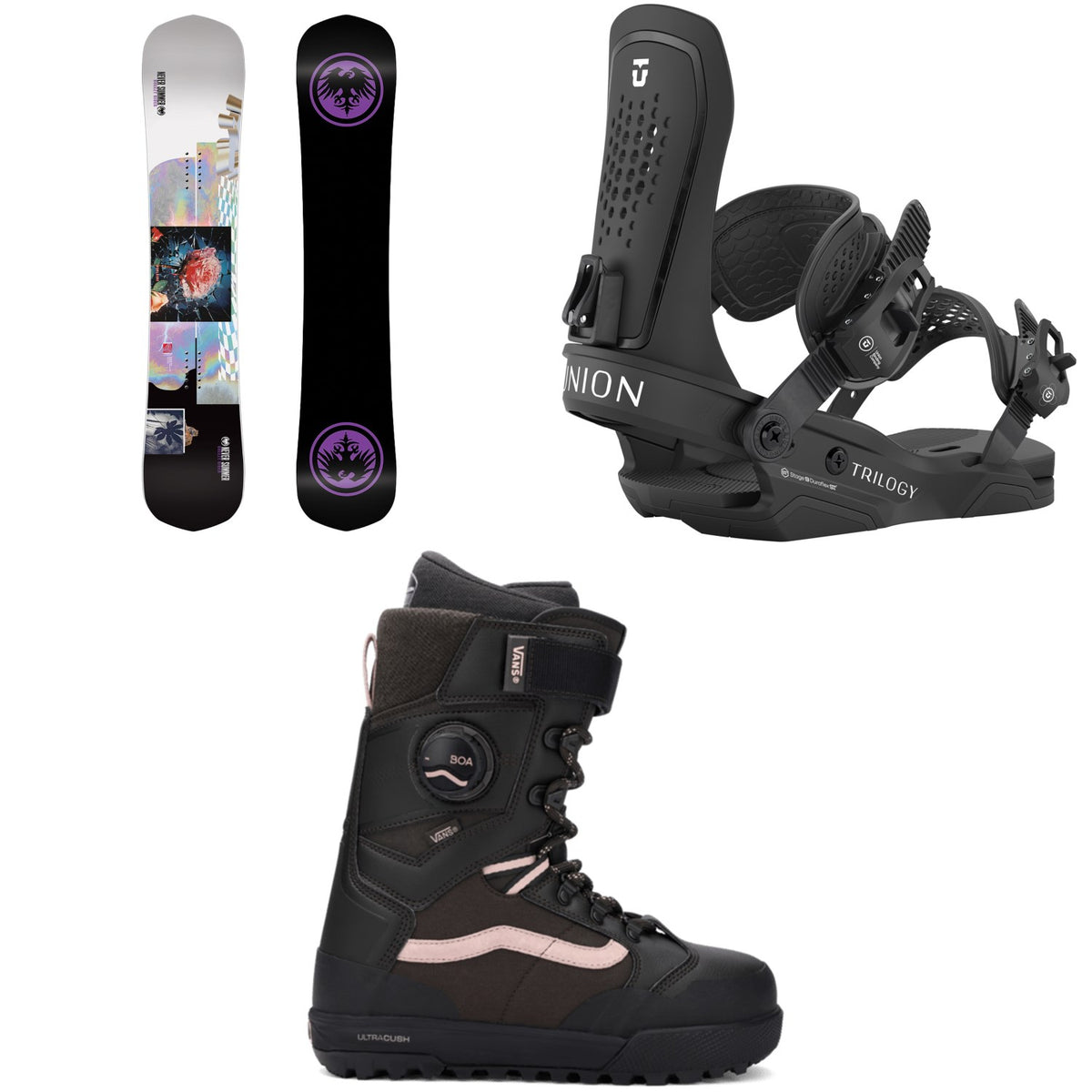 Never Summer Breezy Rider Snowboard + Union Trilogy Snowboard Bindings + Vans Luna Pro Snowboard Boots - Women's 2026