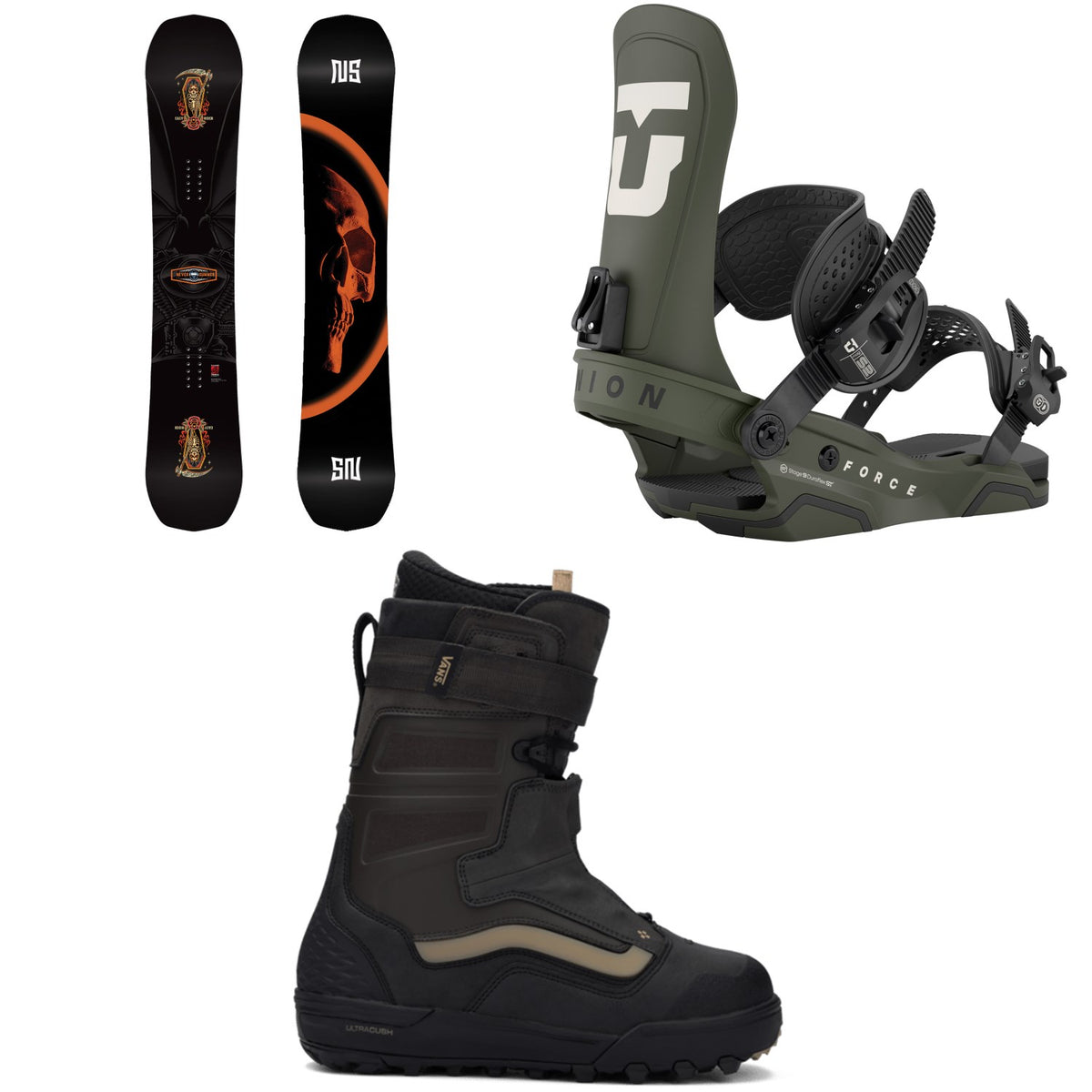 Never Summer Easy Rider Snowboard + Union Force Snowboard Bindings + Vans Hi-Country Snowboard Boots 2026