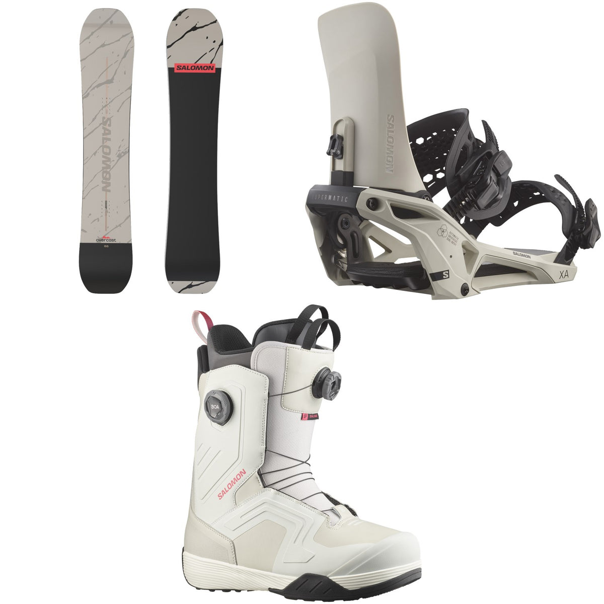 Salomon Overcast Snowboard + XA Supermatic Snowboard Bindings + Dialogue Dual Boa Snowboard Boots 2026