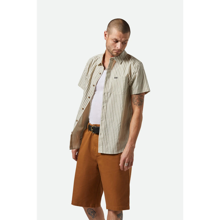 Brixton Charter Print Short-Sleeve Shirt - Men's Whitecap/Ivy Green Stripe