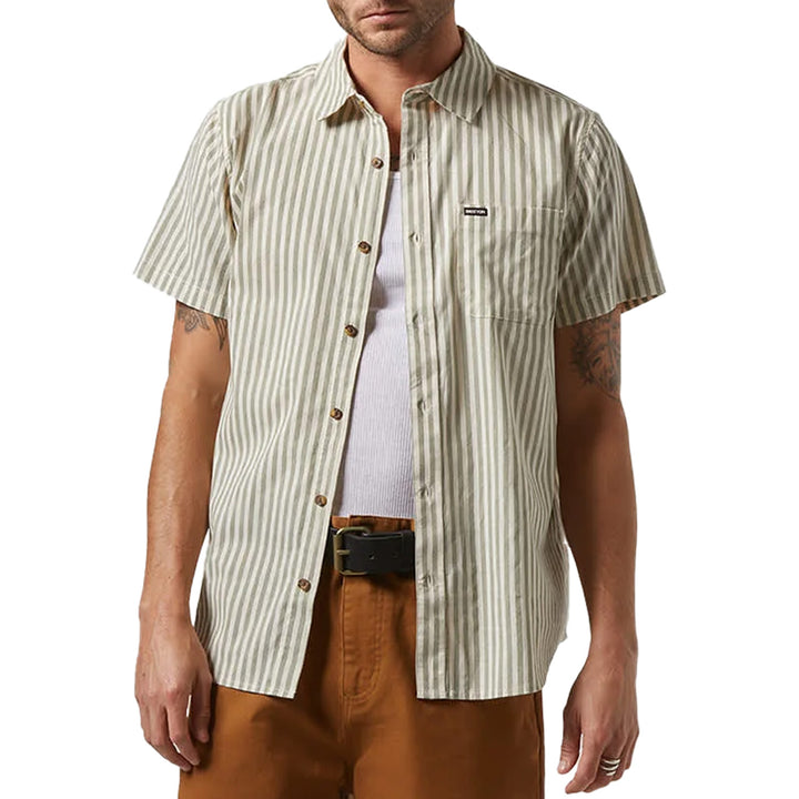 Brixton Charter Print Short-Sleeve Shirt - Men's Whitecap/Ivy Green Stripe