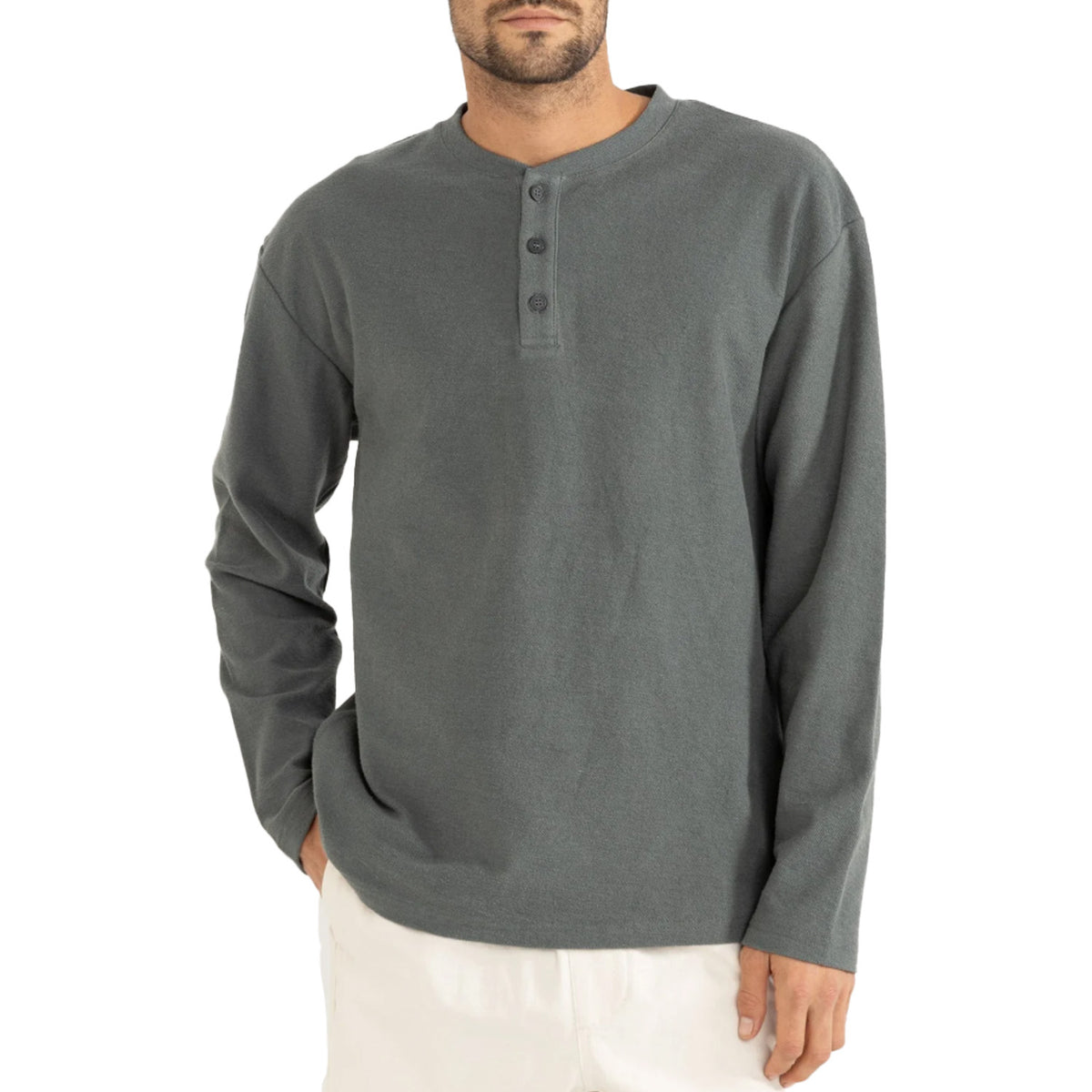 Rhythm Vintage Terry Long-Sleeve Henley Shirt - Men's Silver Pine