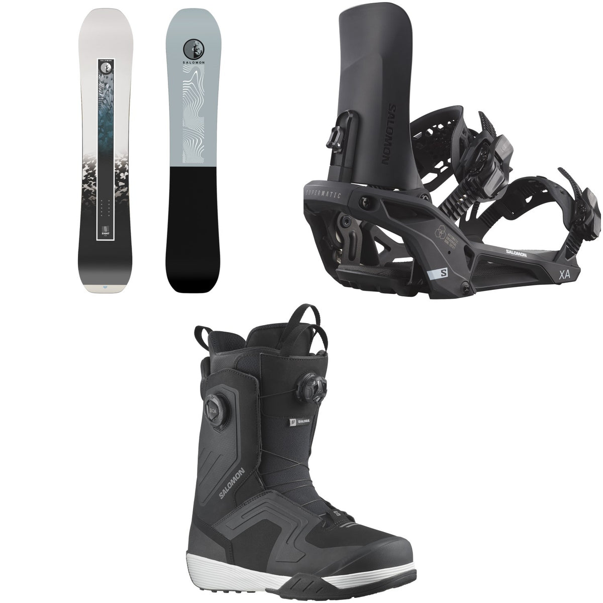 Salomon Sight X Snowboard + XA Supermatic Snowboard Bindings + Dialogue Dual Boa Snowboard Boots