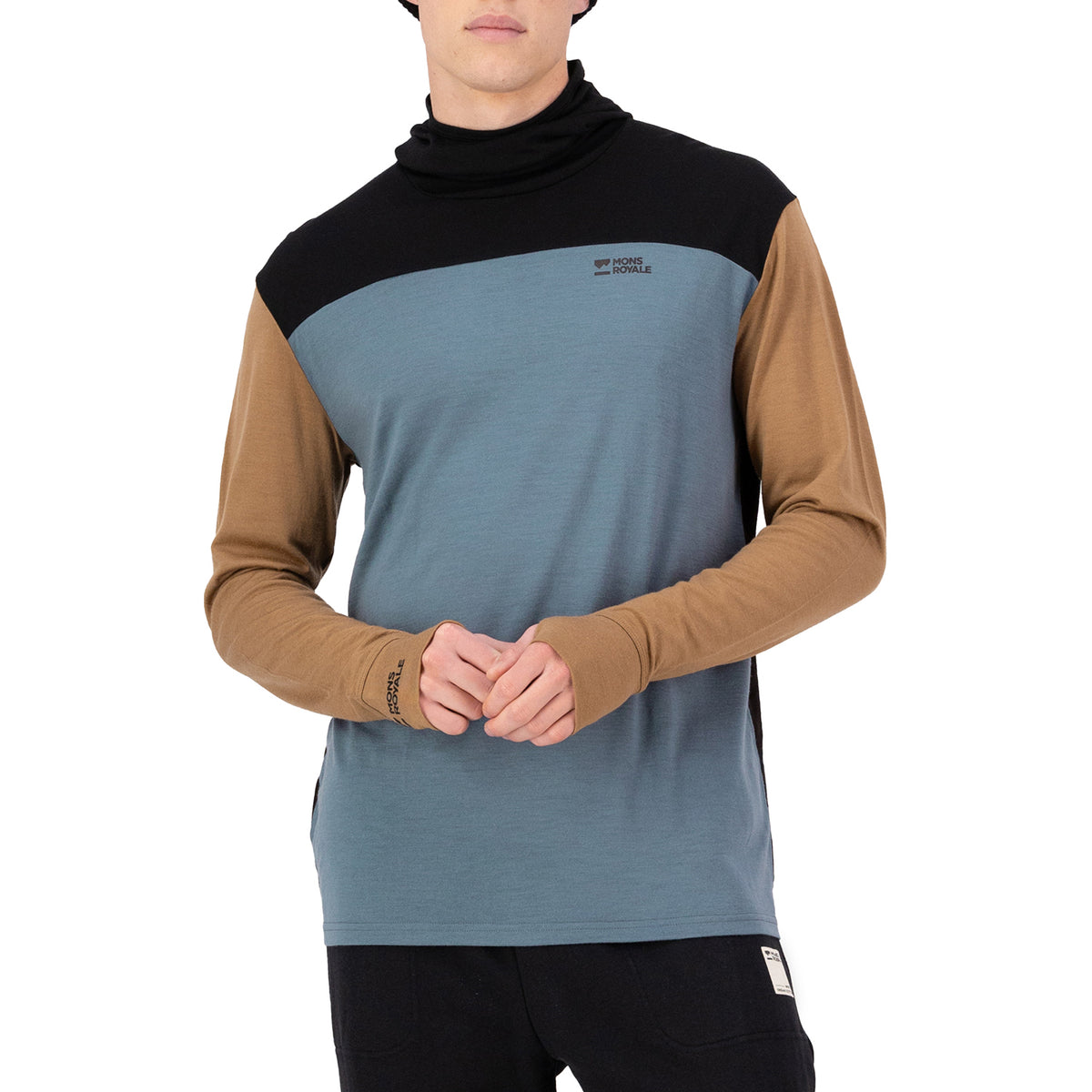MONS ROYALE Yotei Merino Powder Hood Long-Sleeve Top - Men's Goblin Blue/Toffee/Black
