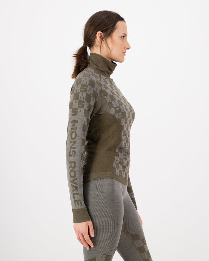 Mons Royale Ascender Merino Seamless Mock Neck Long Sleeve Top - Women's Dried Sage/Dark Olive