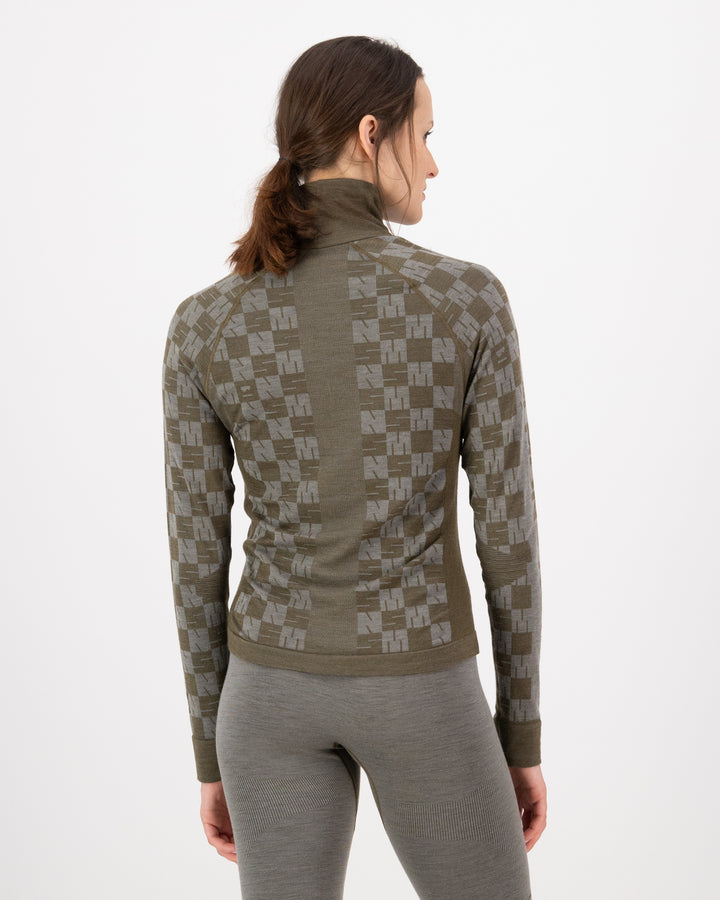 Mons Royale Ascender Merino Seamless Mock Neck Long Sleeve Top - Women's Dried Sage/Dark Olive