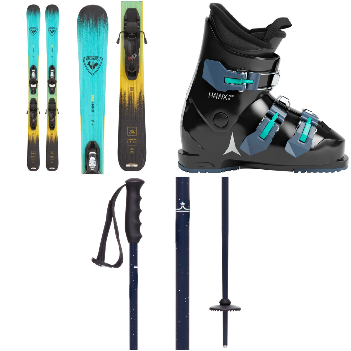 Rossignol Sender Free Jr Skis + Kid X 4 GW Bindings + Atomic Hawx Kids 3 Ski Boots + evo Lil Send'r Adjustable Ski Poles - Kids' 2026