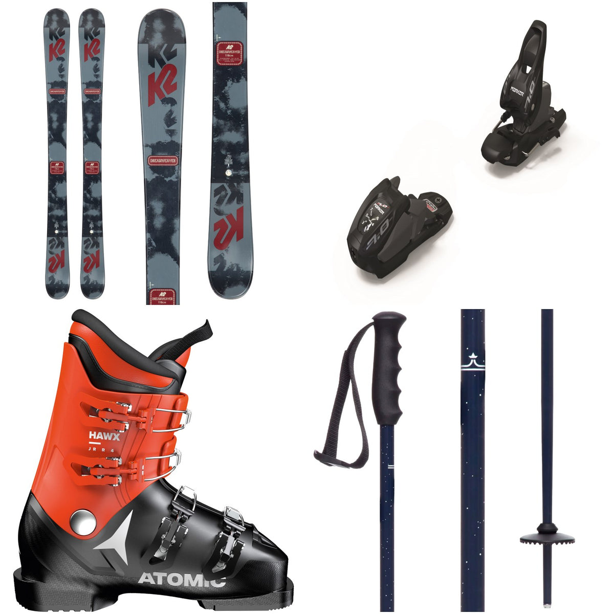 K2 Dreamweaver Skis + Marker 7.0 Ski Bindings + Atomic Hawx Jr R4 Ski Boots + evo Lil Send'r Adjustable Ski Poles - Kids'