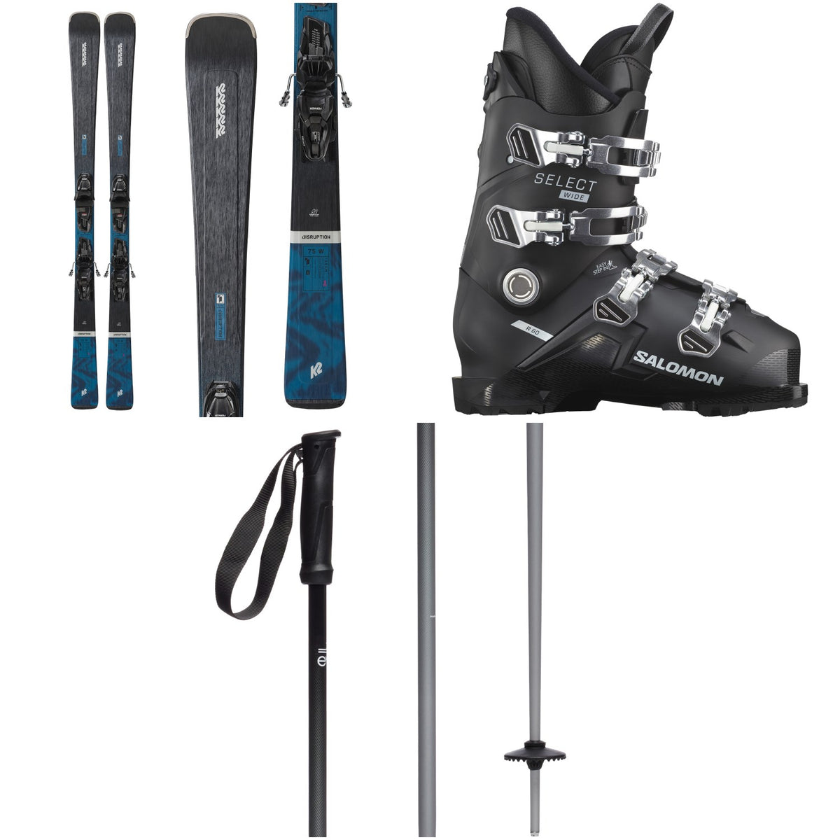 K2 Disruption 75 W Skis + Erp 10 Quikclik Free Bindings - Women's + Salomon Select Wide R 60 GW Ski Boots + evo Merge Ski Poles