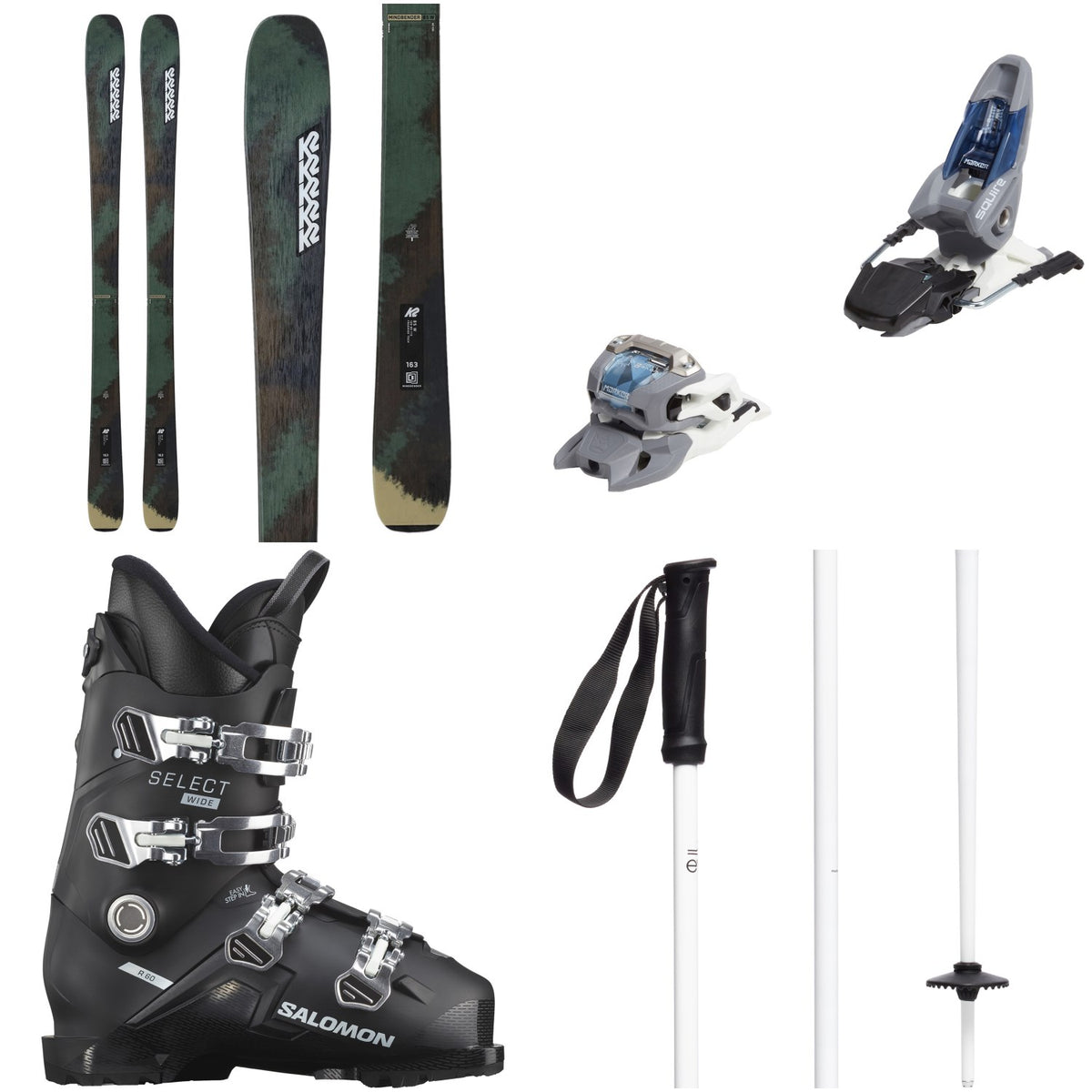 K2 Mindbender 85 W Skis + Marker Squire 11 Ski Bindings + Salomon Select Wide R 60 GW Ski Boots + evo Merge Ski Poles